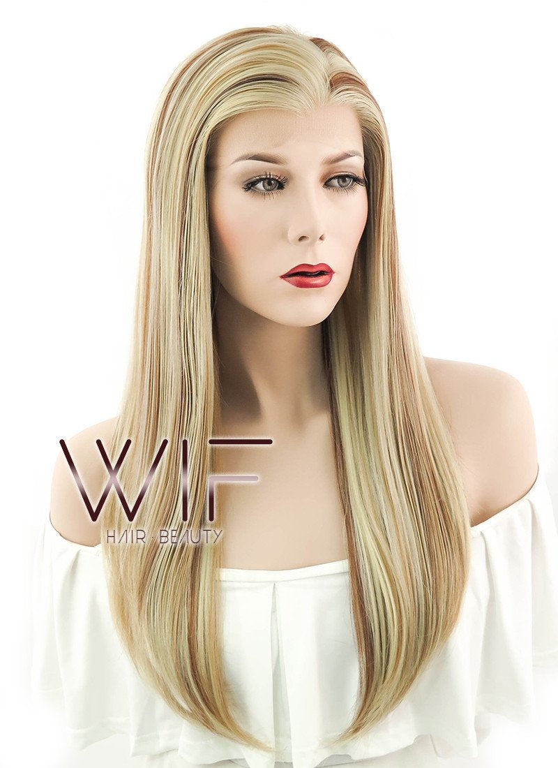 24" Long Straight 2 Tone Blonde Lace Front Synthetic Hair Wig LF018