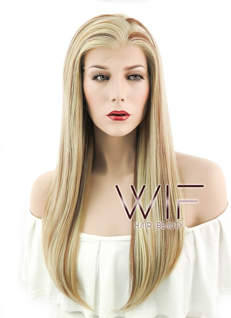 24" Long Straight 2 Tone Blonde Lace Front Synthetic Hair Wig LF018