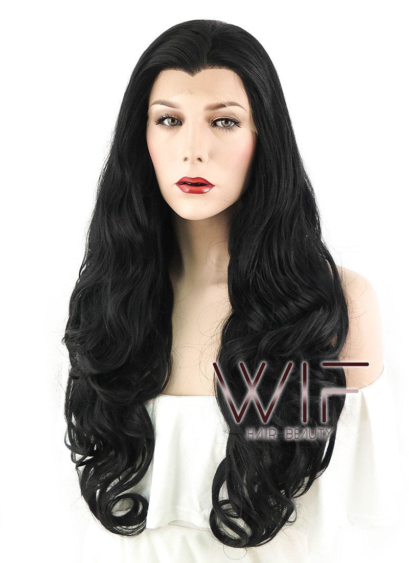 26" Wavy Jet Black Lace Front Synthetic Wig LF070
