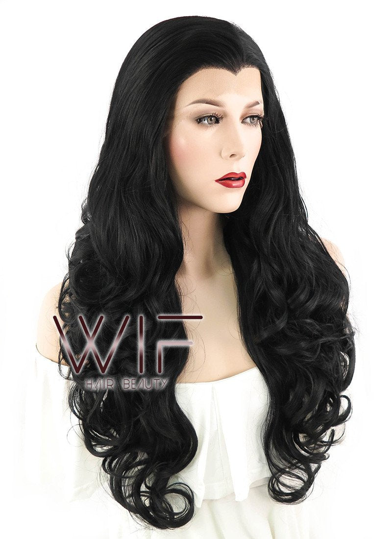 26" Wavy Jet Black Lace Front Synthetic Wig LF070
