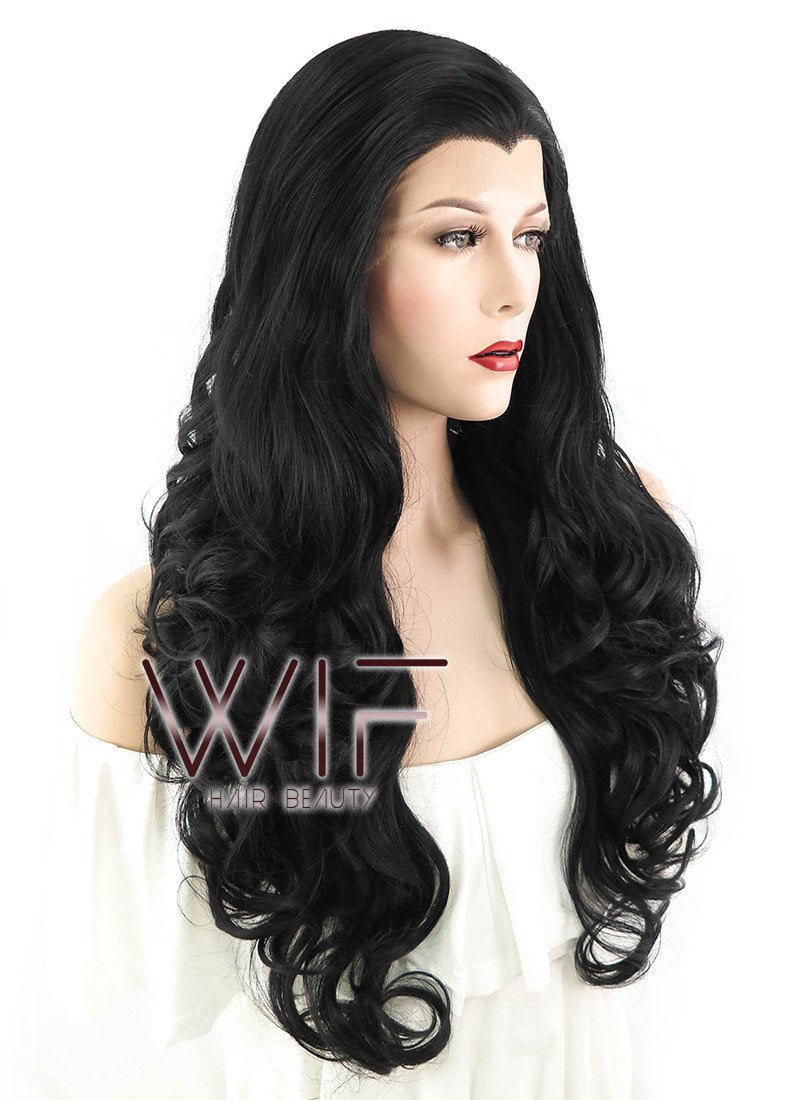 26" Wavy Jet Black Lace Front Synthetic Wig LF070