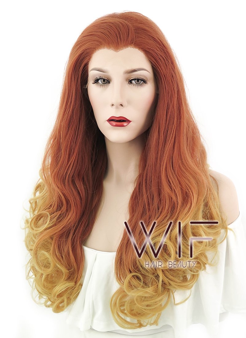 20" Wavy Reddish Orange Yellow Blonde Ombre Lace Front Synthetic Wig LF085H