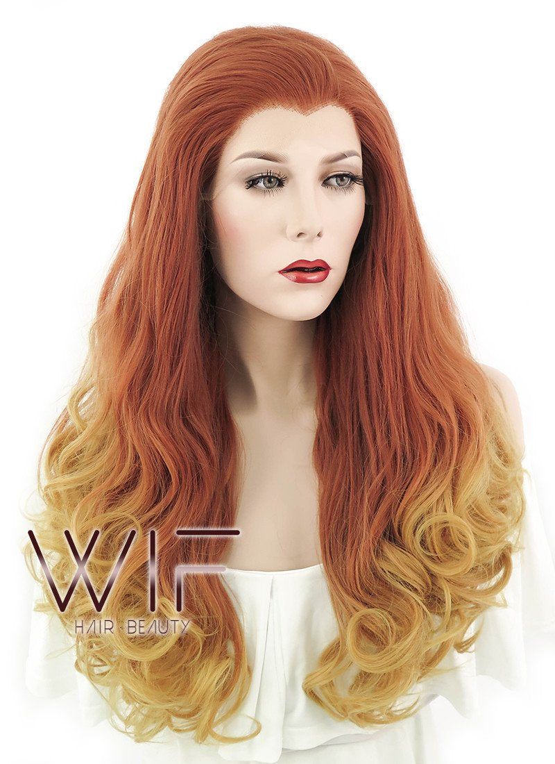 20" Long Curly Reddish Orange Mixed Yellow Blonde Lace Front Synthetic Hair Wig LF085H