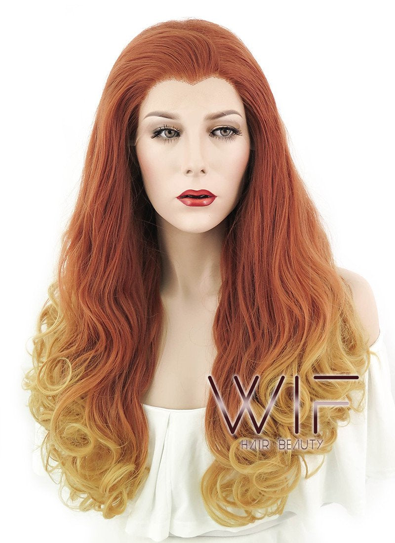 20" Long Curly Reddish Orange Mixed Yellow Blonde Lace Front Synthetic Hair Wig LF085H