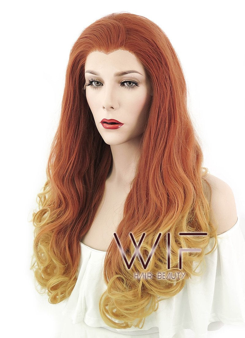 20" Long Curly Reddish Orange Mixed Yellow Blonde Lace Front Synthetic Hair Wig LF085H