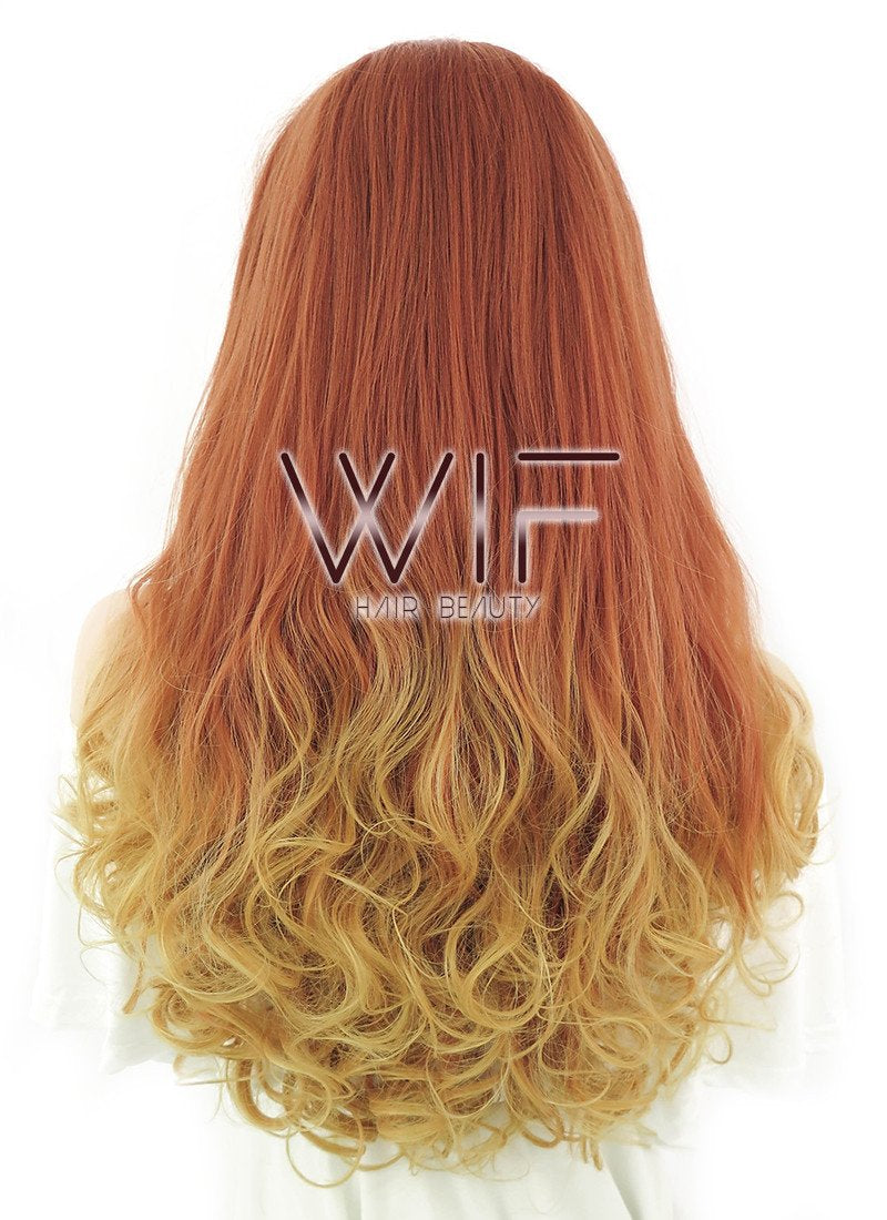 20" Long Curly Reddish Orange Mixed Yellow Blonde Lace Front Synthetic Hair Wig LF085H