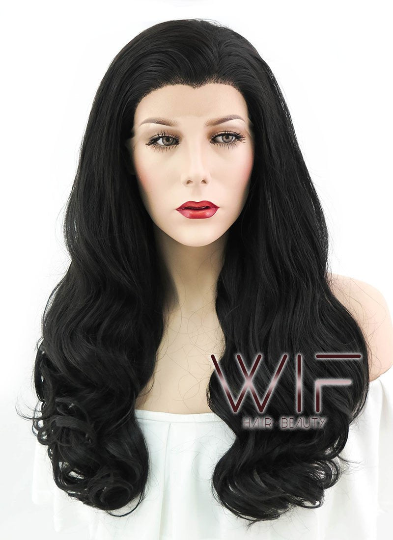 24" Wavy Natural Black Lace Front Synthetic Wig LF111