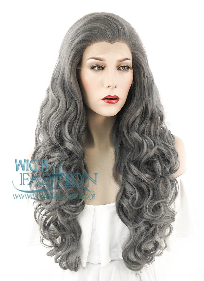 26" Long Curly Grey Lace Front Synthetic Hair Wig LF1230