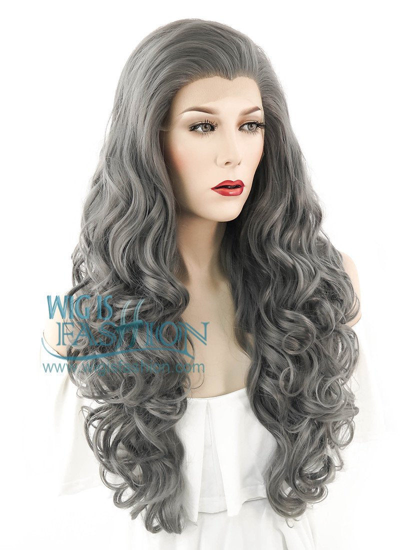 26" Long Curly Grey Lace Front Synthetic Hair Wig LF1230