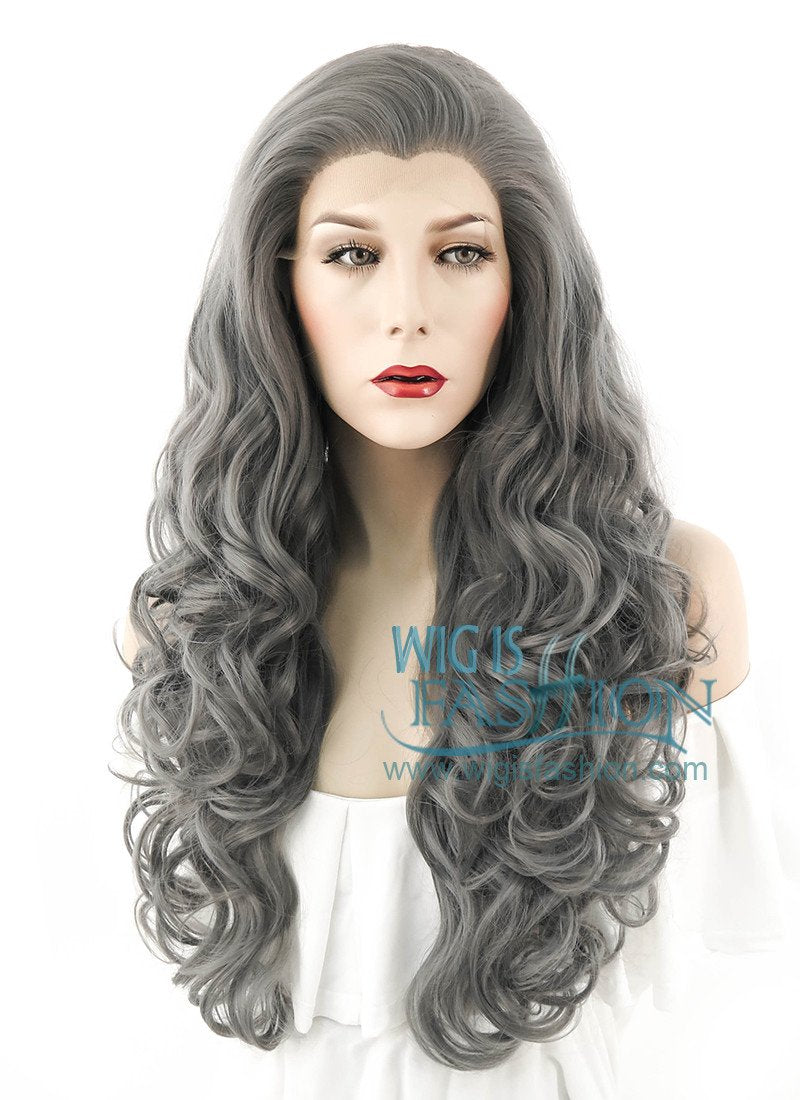 26" Long Curly Grey Lace Front Synthetic Hair Wig LF1230