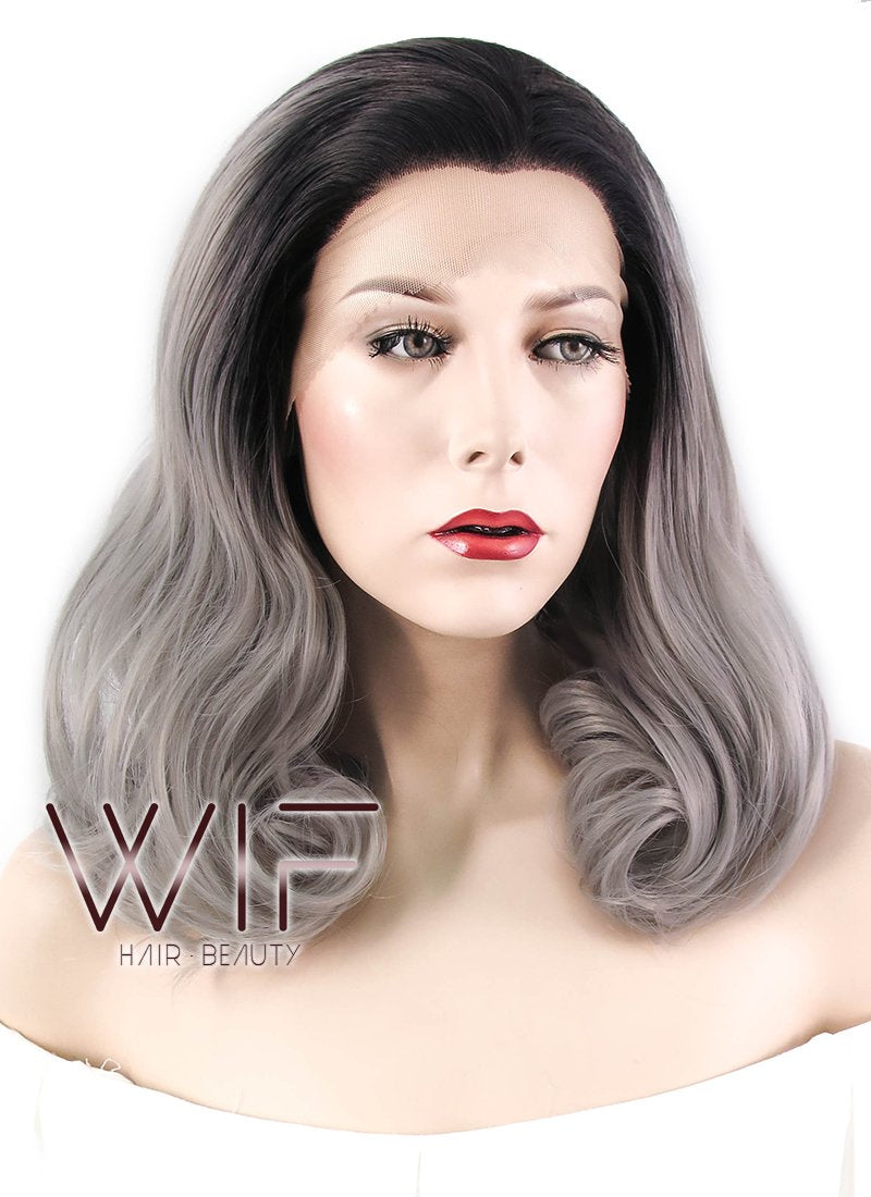 16" Wavy Black Grey Ombre Lace Front Synthetic Wig LF1232