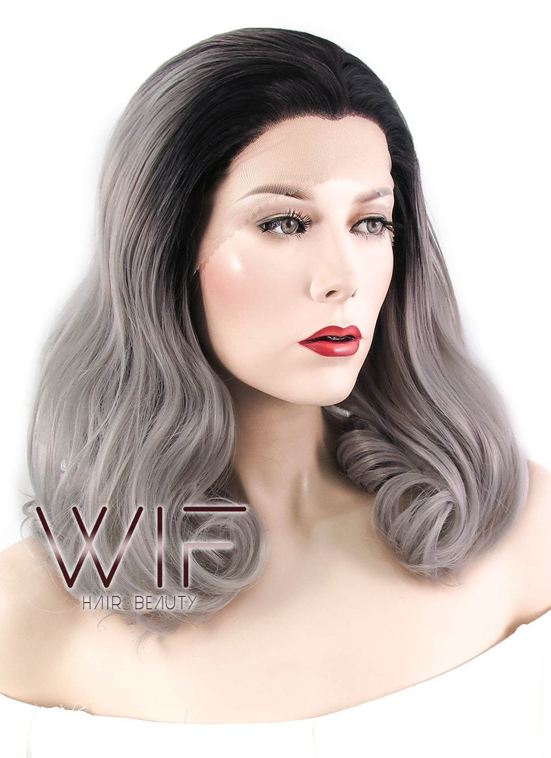 16" Wavy Black Grey Ombre Lace Front Synthetic Wig LF1232