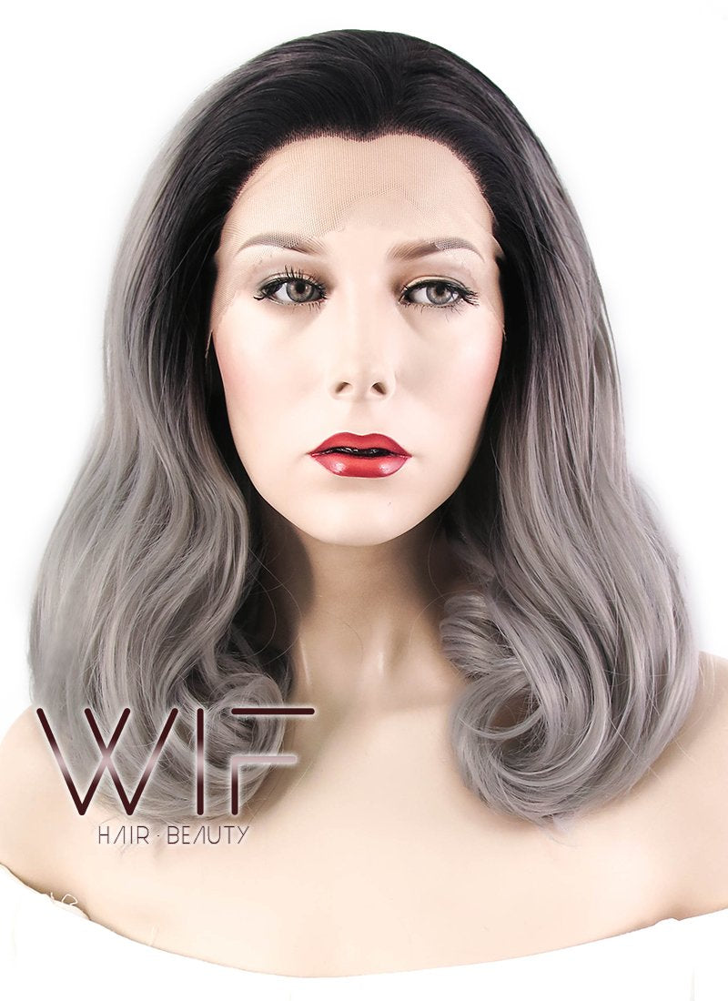 16" Wavy Black Grey Ombre Lace Front Synthetic Wig LF1232