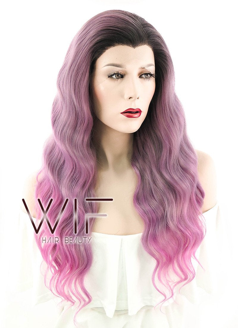 24" Long Curly Purple Mixed Pink with Dark Roots Lace Front Synthetic Hair Wig LF1237