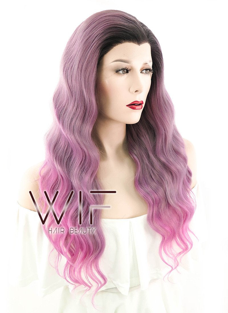 24" Long Curly Purple Mixed Pink with Dark Roots Lace Front Synthetic Hair Wig LF1237