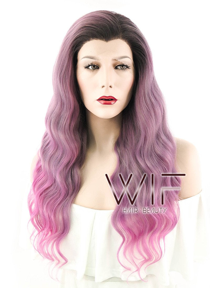 24" Long Curly Purple Mixed Pink with Dark Roots Lace Front Synthetic Hair Wig LF1237