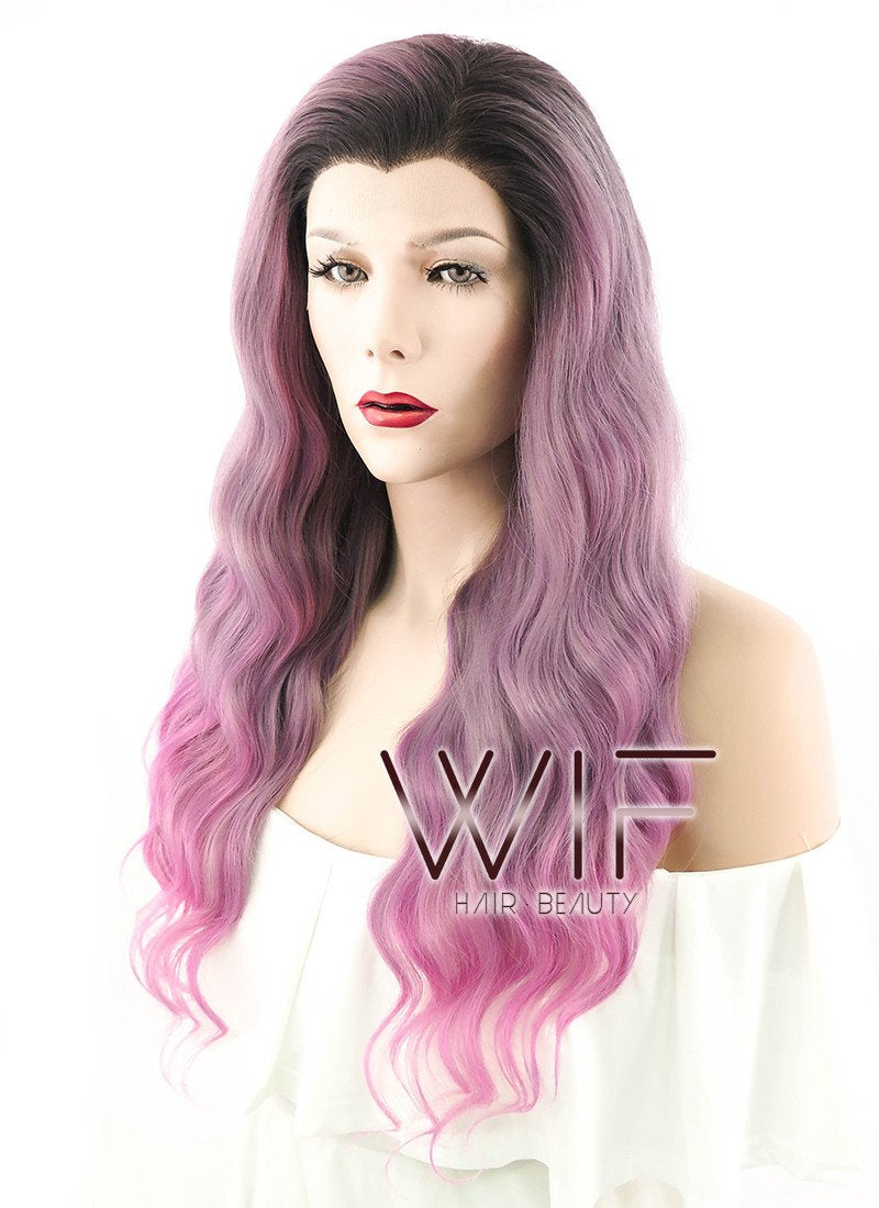 24" Long Curly Purple Mixed Pink with Dark Roots Lace Front Synthetic Hair Wig LF1237