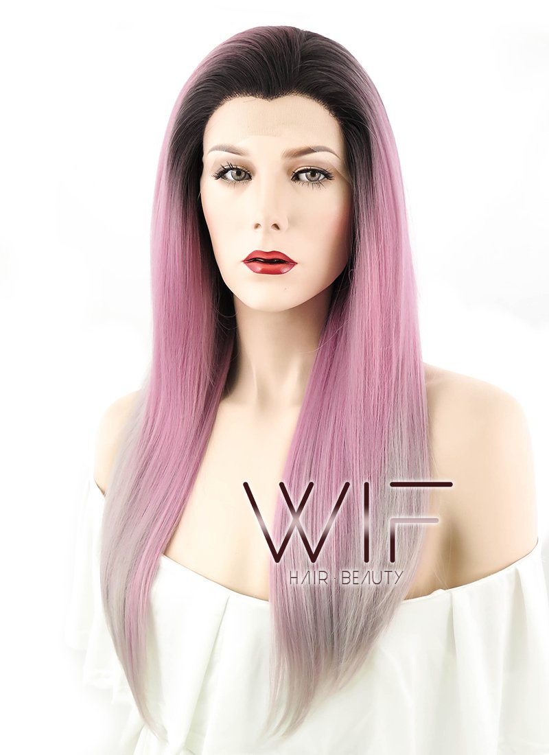 24" Straight Pink Grey Ombre With Dark Roots Lace Front Synthetic Wig LF1238