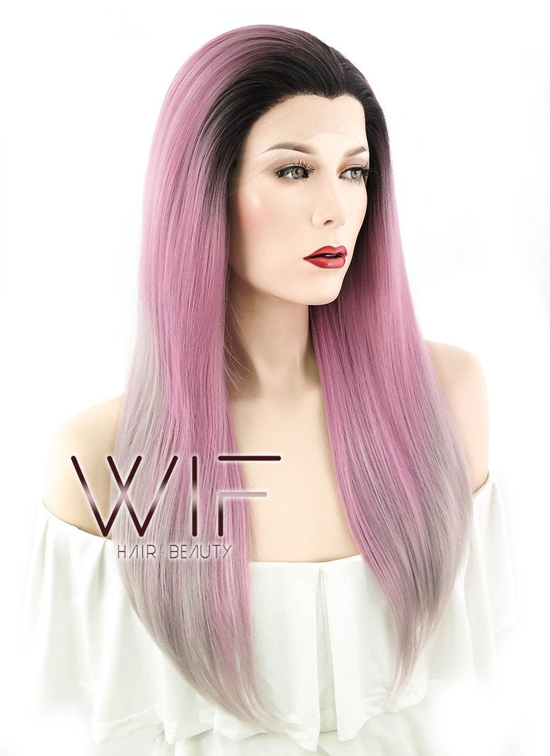 24" Long Straight Pink Mixed Grey with Dark Roots Lace Front Synthetic Hair Wig LF1238
