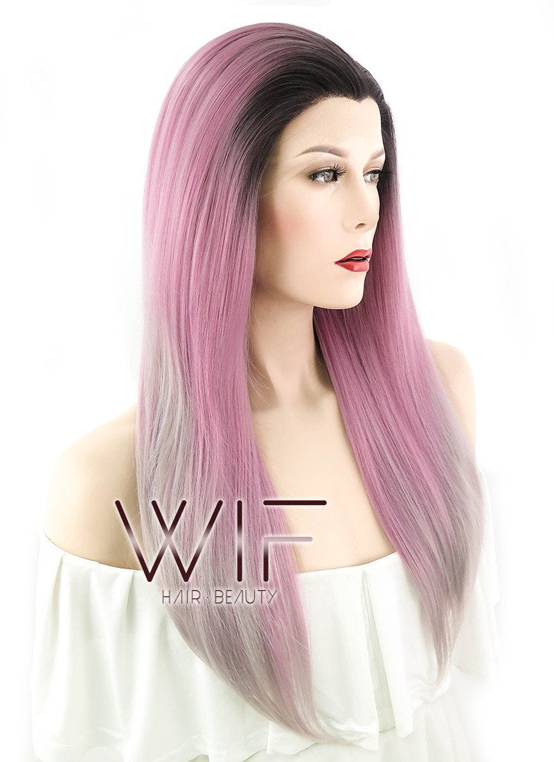 24" Long Straight Pink Mixed Grey with Dark Roots Lace Front Synthetic Hair Wig LF1238