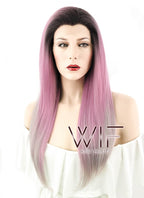 24" Long Straight Pink Mixed Grey with Dark Roots Lace Front Synthetic Hair Wig LF1238