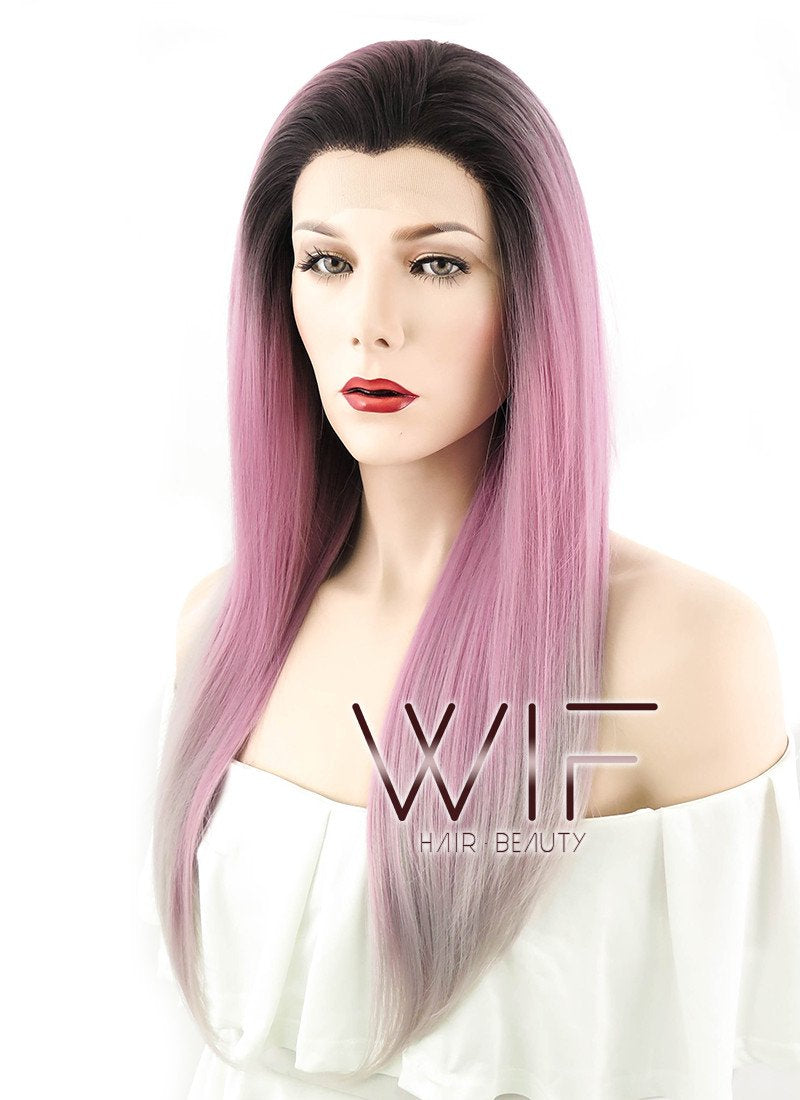 24" Long Straight Pink Mixed Grey with Dark Roots Lace Front Synthetic Hair Wig LF1238