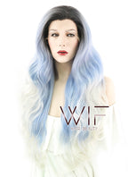 26" Wavy Light Blue White Ombre With Dark Roots Lace Front Synthetic Wig LF1239