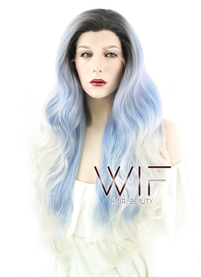 26" Wavy Light Blue White Ombre With Dark Roots Lace Front Synthetic Wig LF1239