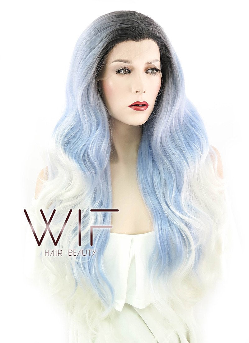 26" Long Curly White Mixed Light Blue with Dark Roots Lace Front Synthetic Hair Wig LF1239