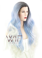 26" Long Curly White Mixed Light Blue with Dark Roots Lace Front Synthetic Hair Wig LF1239