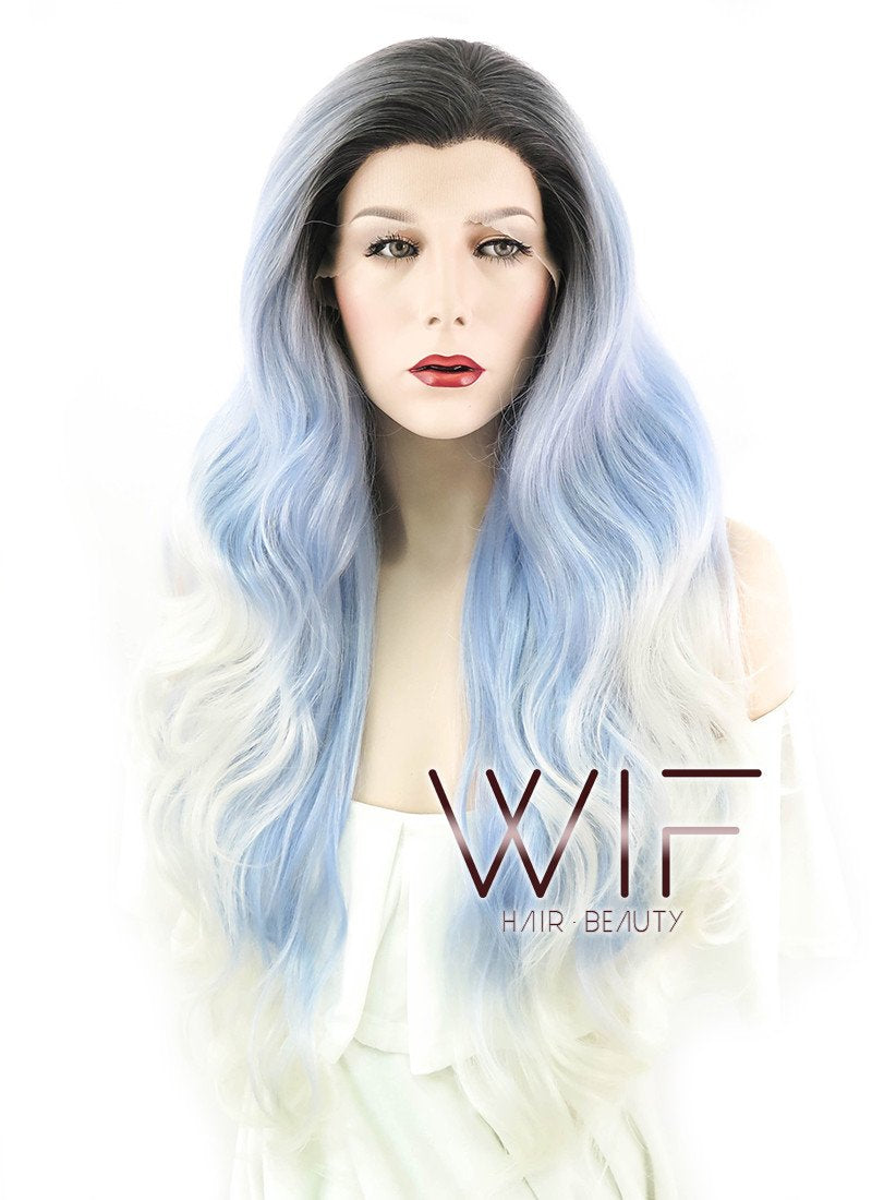 26" Long Curly White Mixed Light Blue with Dark Roots Lace Front Synthetic Hair Wig LF1239