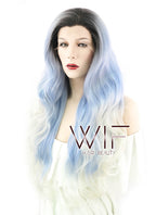 26" Long Curly White Mixed Light Blue with Dark Roots Lace Front Synthetic Hair Wig LF1239