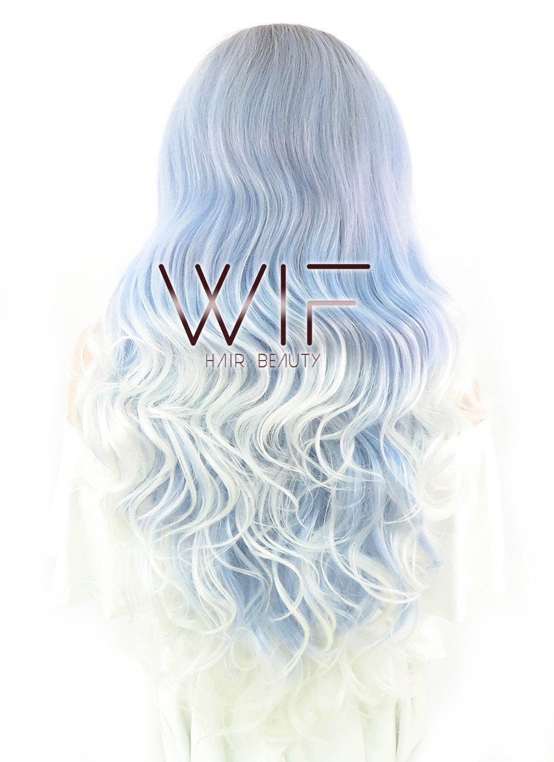 26" Long Curly White Mixed Light Blue with Dark Roots Lace Front Synthetic Hair Wig LF1239