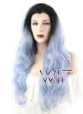 26" Wavy Light Blue With Dark Roots Lace Front Synthetic Wig LF1240