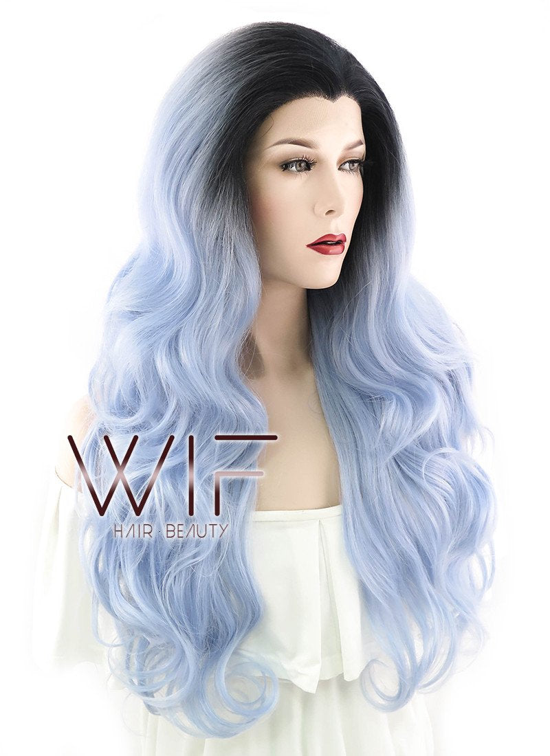 26" Long Curly Light Blue with Dark Roots Lace Front Synthetic Hair Wig LF1240