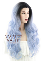26" Long Curly Light Blue with Dark Roots Lace Front Synthetic Hair Wig LF1240