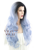 26" Long Curly Light Blue with Dark Roots Lace Front Synthetic Hair Wig LF1240