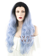 26" Long Curly Light Blue with Dark Roots Lace Front Synthetic Hair Wig LF1240