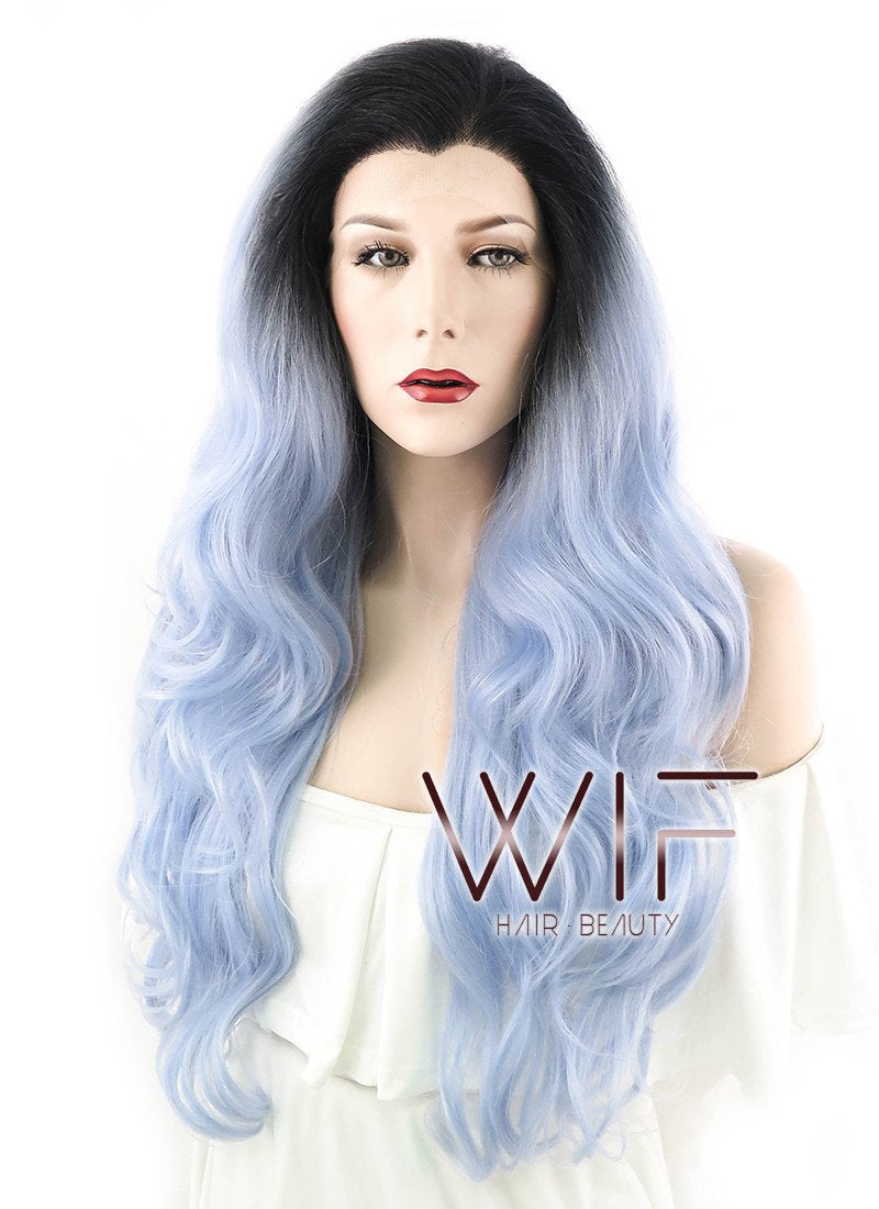 26" Long Curly Light Blue with Dark Roots Lace Front Synthetic Hair Wig LF1240