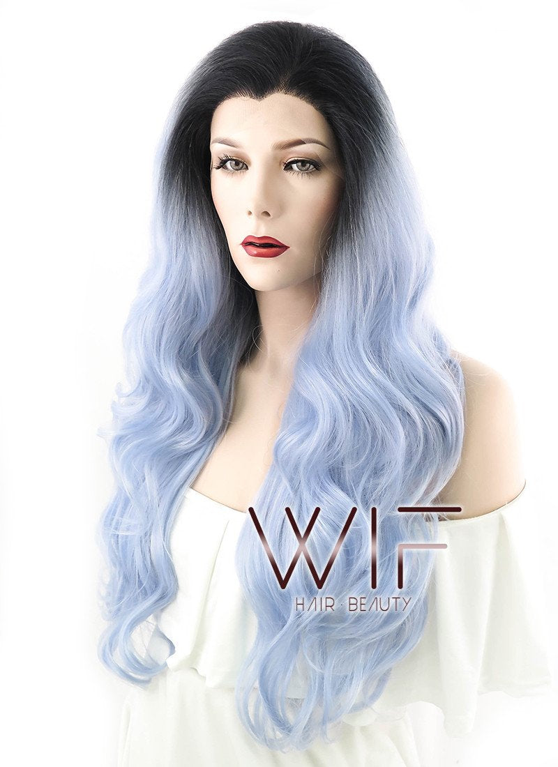 26" Long Curly Light Blue with Dark Roots Lace Front Synthetic Hair Wig LF1240