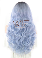 26" Long Curly Light Blue with Dark Roots Lace Front Synthetic Hair Wig LF1240