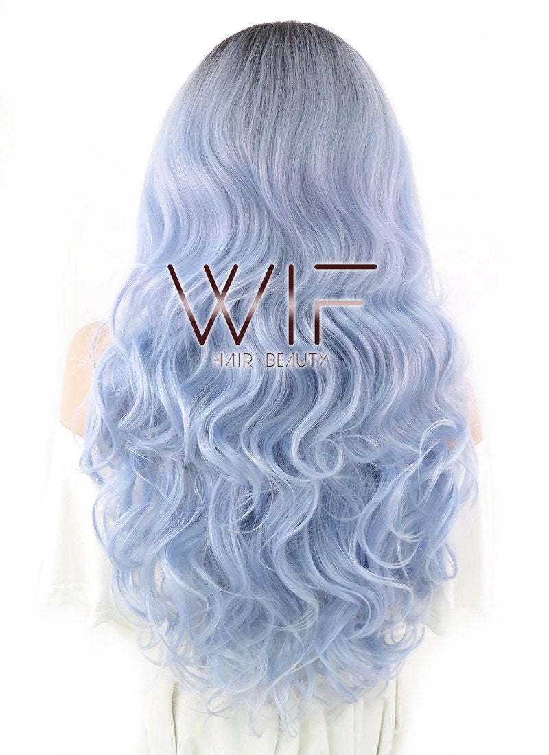 26" Long Curly Light Blue with Dark Roots Lace Front Synthetic Hair Wig LF1240
