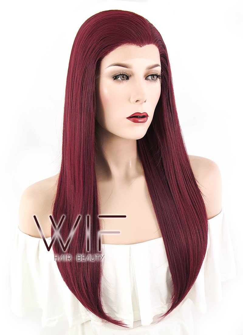 24" Long Straight Dark Burgundy Lace Front Synthetic Hair Wig LF1241