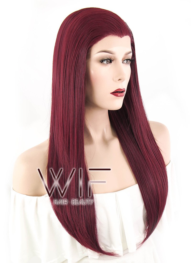 24" Long Straight Dark Burgundy Lace Front Synthetic Hair Wig LF1241
