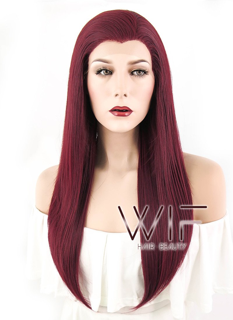 24" Long Straight Dark Burgundy Lace Front Synthetic Hair Wig LF1241
