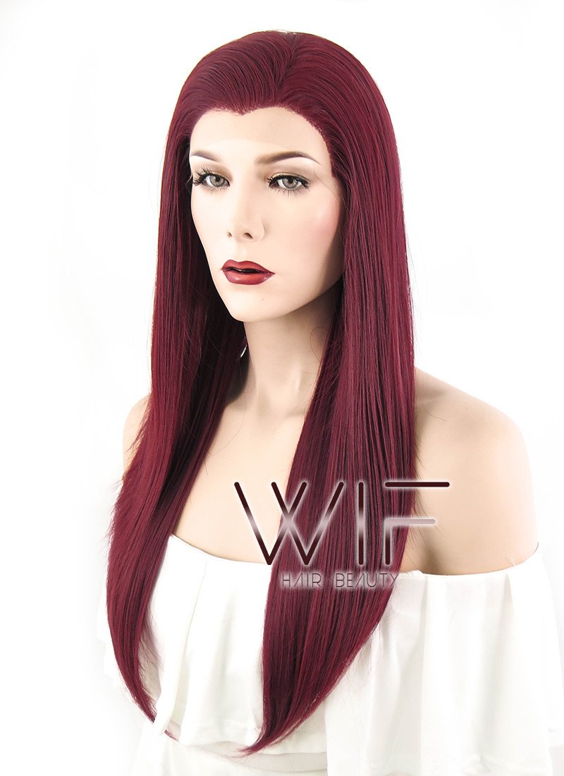 24" Long Straight Dark Burgundy Lace Front Synthetic Hair Wig LF1241