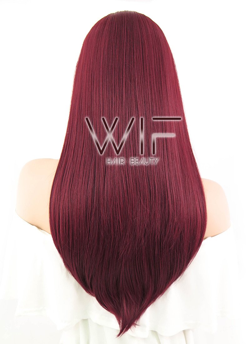 24" Long Straight Dark Burgundy Lace Front Synthetic Hair Wig LF1241