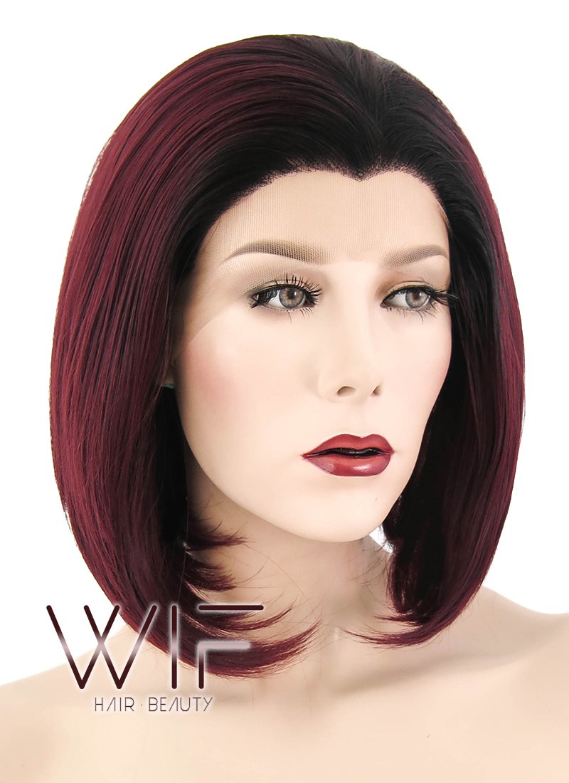 10" Straight Dark Burgundy With Dark Roots Lace Front Synthetic Wig LF1243