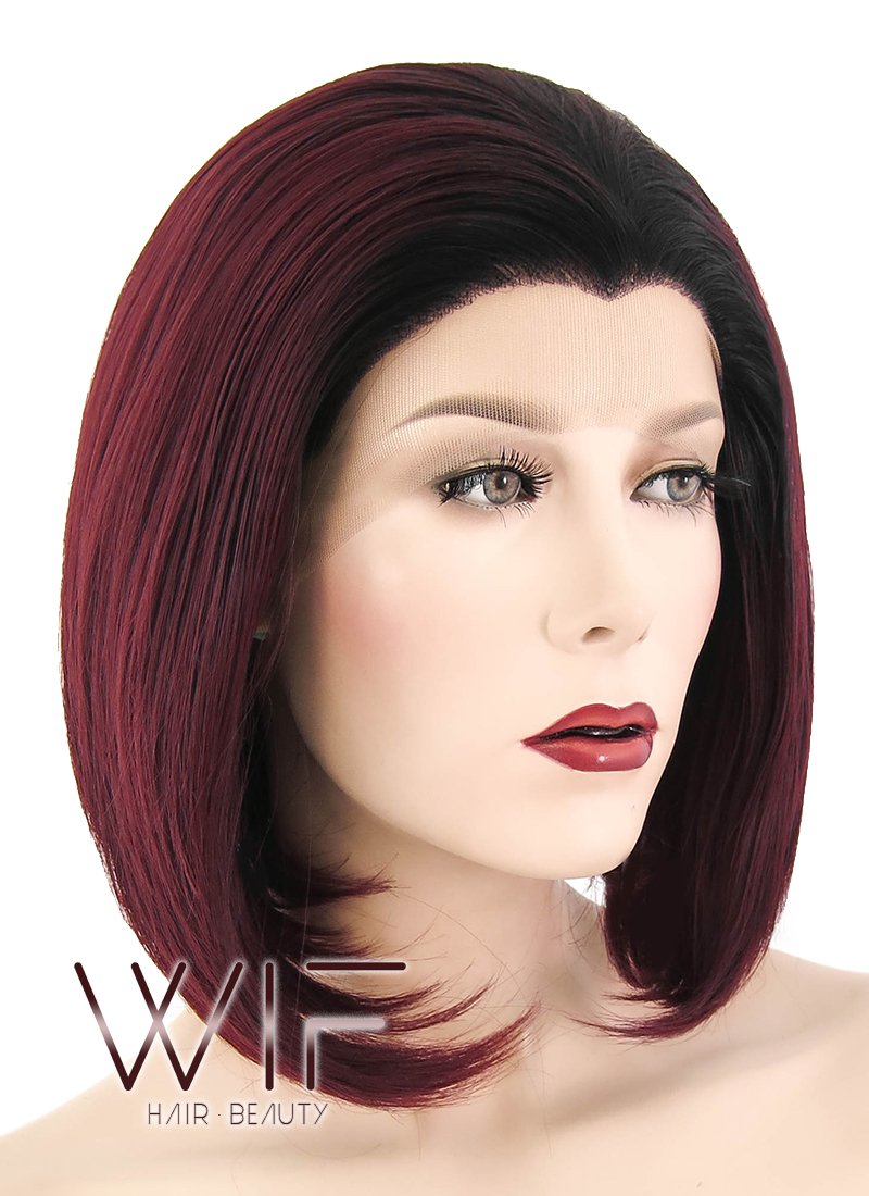 10" Straight Dark Burgundy With Dark Roots Lace Front Synthetic Wig LF1243