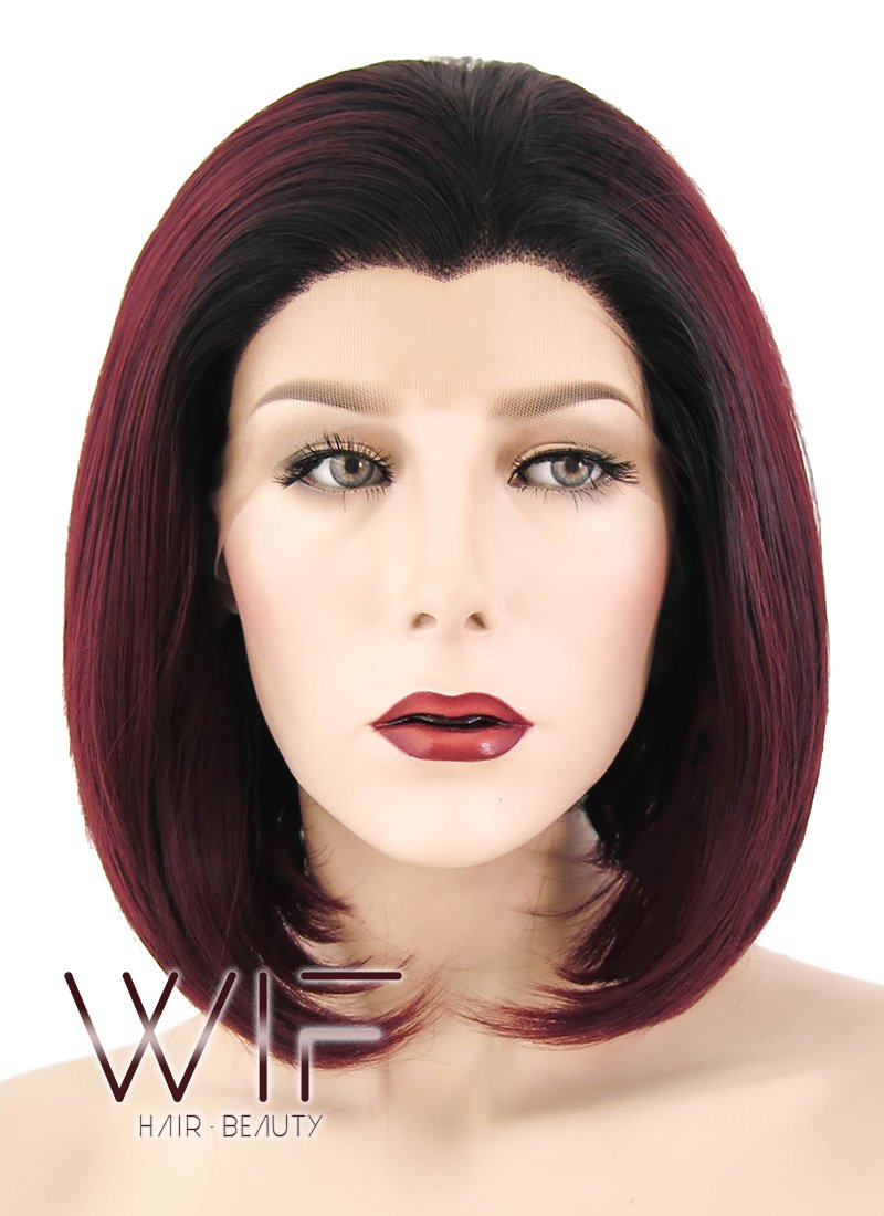 10" Straight Dark Burgundy With Dark Roots Lace Front Synthetic Wig LF1243
